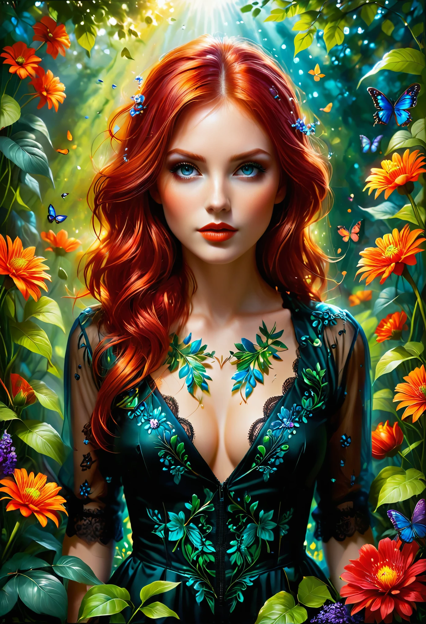 A sexy redhead girl with captivating eyes and fiery red hair flows gracefully through a vibrant garden scene. She exudes confidence and allure as she confidently walks in her high heels, which add a touch of elegance to her overall appearance. Her outfit includes black stockings that hug her perfectly sculpted legs, enhancing her sensual appeal.

The artwork is created with a mix of traditional illustration techniques and vivid oil painting textures, resulting in a rich and vibrant visual experience. The intricate details of the girl's face and body are exquisitely rendered, making her features stand out. Her eyes are beautifully detailed, drawing attention with their mesmerizing gaze, while her perfectly shaped lips add a touch of elegance to her overall expression. The artist has gone to great lengths to ensure that every aspect of the girl's appearance is incredibly detailed, especially her long eyelashes, which enhance the depth and beauty of her eyes.

The garden scene surrounding the girl is lush and abundant, with colorful flowers blooming in every corner. The sunlight filters through the foliage, casting a warm and gentle glow over the entire scene. The artist has used vibrant and vivid colors to evoke a sense of liveliness and joy, creating a vivid and captivating atmosphere.

The overall image quality is of the highest standard, showcasing the artist's mastery of his craft. The artwork is created in high resolution, allowing for every detail to be crisp and clear. The artist has employed a realistic and photorealistic style, ensuring that every element of the artwork feels lifelike and authentic. The use of professional studio lighting techniques further enhances the overall quality of the image, adding depth and dimension to every aspect.

The color palette of the artwork is carefully chosen to create a harmonious and visually pleasing composition. Vibrant reds, greens, and blues dominate the scene, creating a sense of energy and dynamism. The artist has 