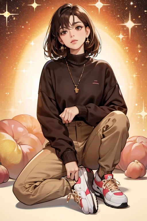 Joanne is a human with short, straight dark brown hair, peach skin, and black eyes. She wears a red sweater, brown pants, and white sneakers. SPARKLE; GLITTER