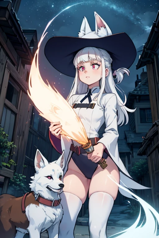 A white haired female witch with copper eyes and white fox ears and a white fox tail in a conservative witch's uniform is playing with a white lightning at night