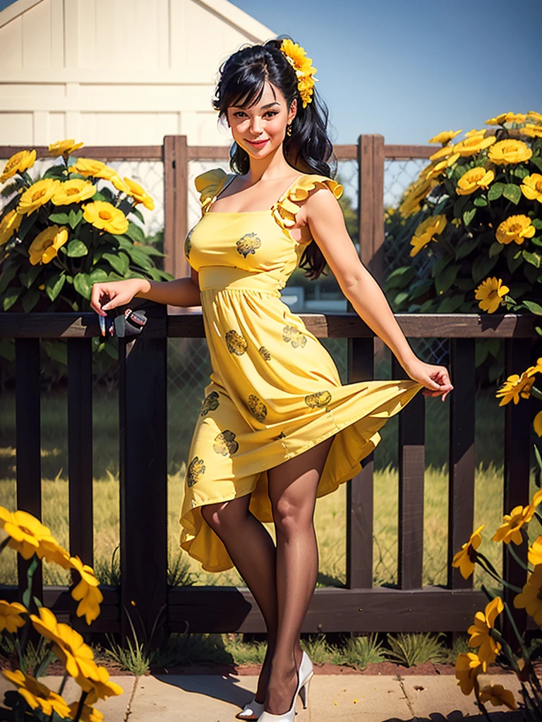 woman, 32 years-old,vintage pin-up,black hair,bangs,ponytail,little smile,((((fence soft yellow dress printed with white flowers)))),beige pantyhose,studio lights