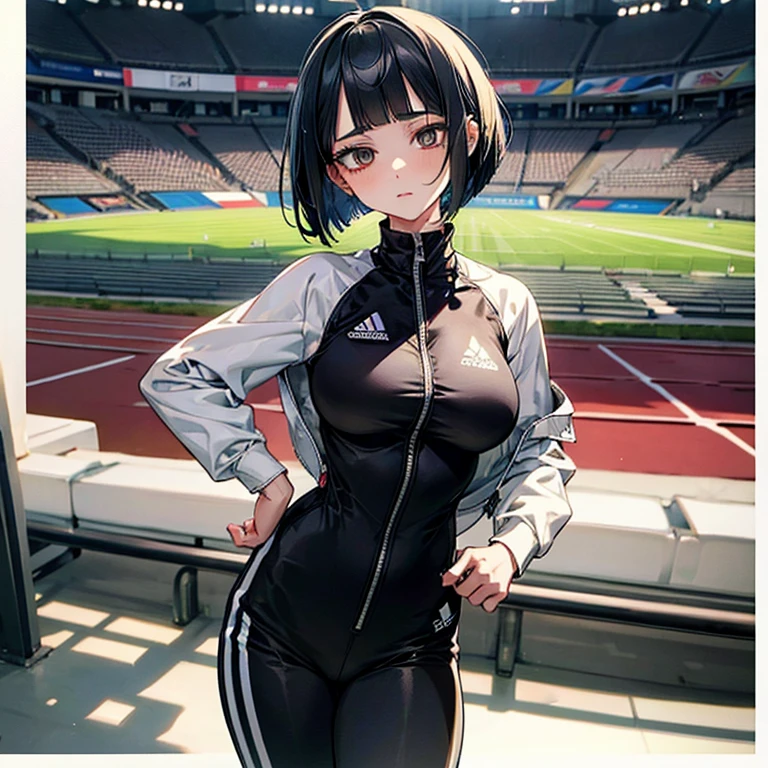 masterpiece、delicate details、tracksuit、Adidas Clothing（zip up）、big breasts、thin waist、athlete、leggings、Slender beauty、Your face is so cute、Bangs Patsun、Cropped bob cut、long eyelashes、Big eyes、athletics stadium