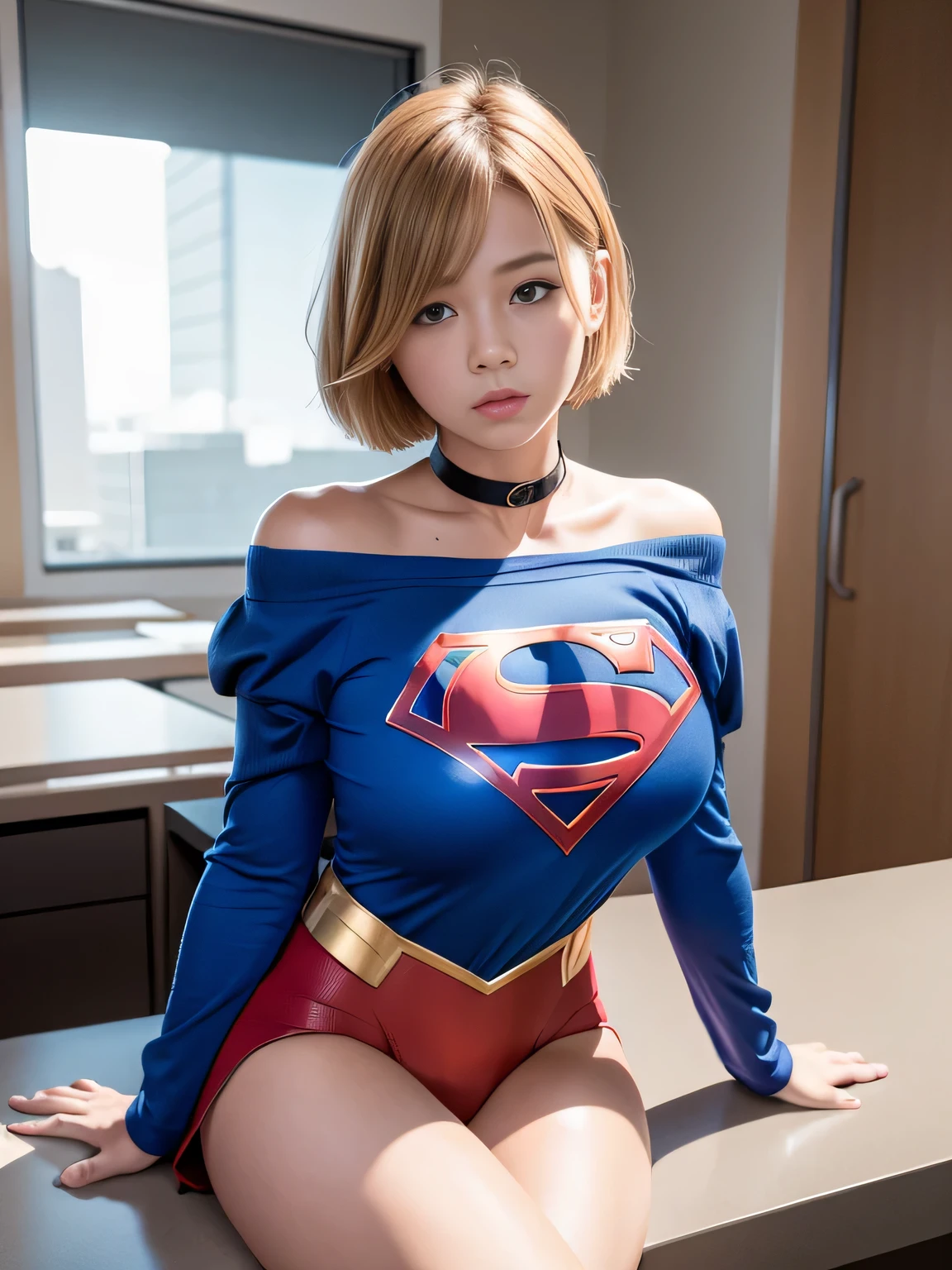 highest quality、masterpiece、Short-haired Supergirl sleeping on the operating table、big and full breasts、look at the camera、choker、long sleeve、barefoot、magazine cover、Wedgie、red mini skirt、tight costume、confused、wide open legs、humiliating、Show a glimpse、Glamorous、off shoulder、model body shape、Oily Skin、charm、charming、abused、test subject、Human experimentation、