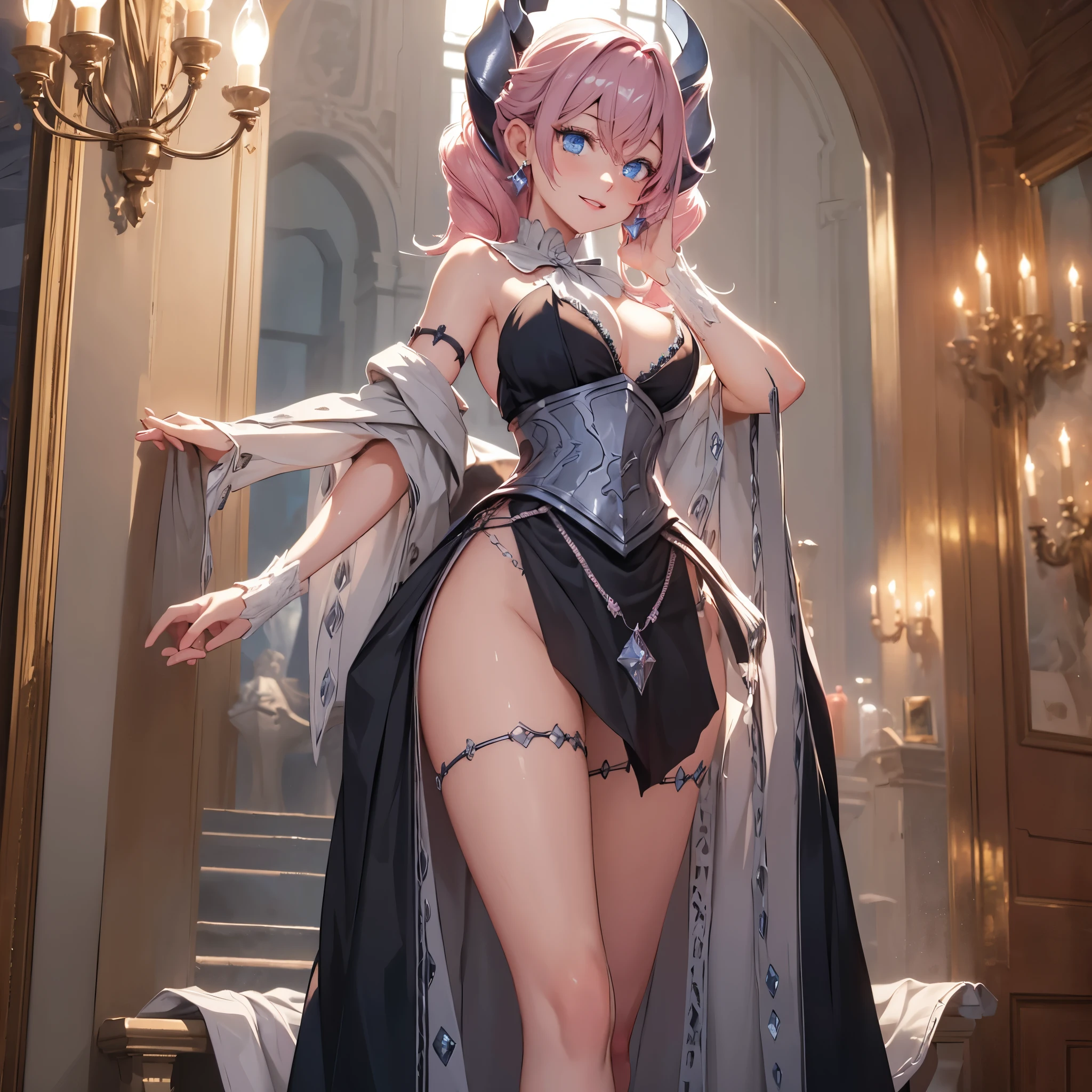 ((masterpiece)),(best quality), ((extremely detailed CG unity 4k wallpaper)),(cinematic lighting), (an extremely delicate and beautiful girl:1.3),face, fixed eye, (++dark pink hair++), blue eyes, long hair, jewelry,earrings, :d, maid, labrynth,
Black dress, Large breast ,(Crystal chandelier), horn ,indoor ,hand over head, standing , crossed leg in detailed, all body , foot exposed , view from behind