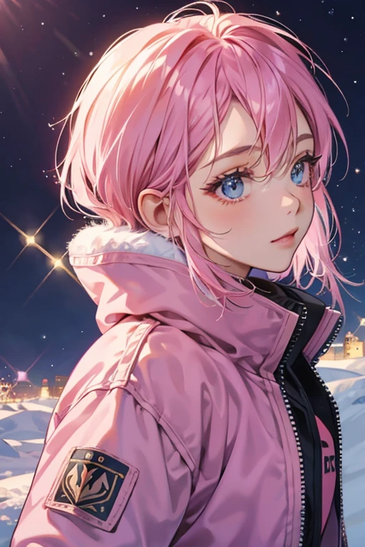 Fi has pink hair has a ski mask and a winter jacket. SPARKLE; GLITTER