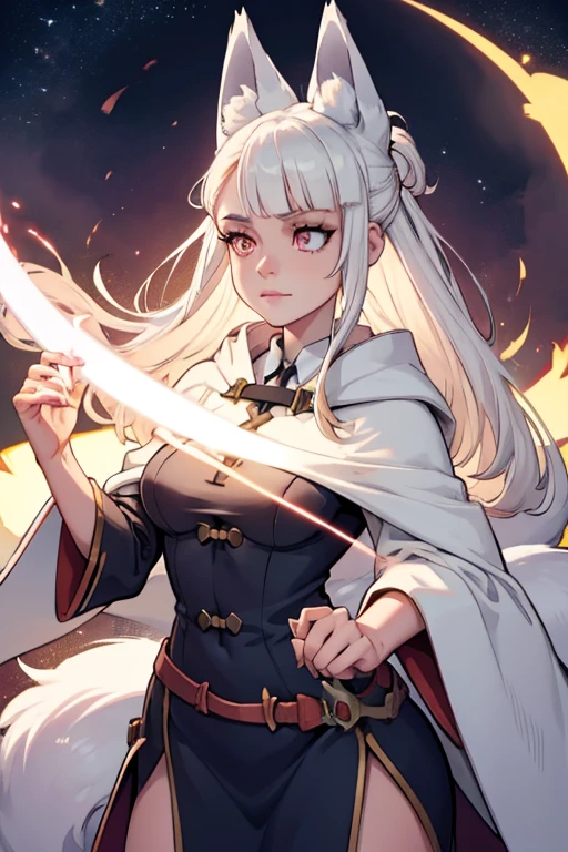 A white haired female witch with copper eyes and white fox ears and a white fox tail in a conservative witch's uniform is playing with a white lightning at night