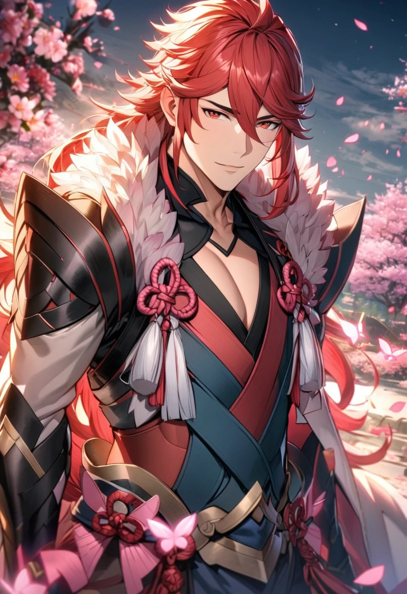 Ultra detailed, highres, absurdres, HDR, Subaki, red eyes, red hair, Fire Emblem Fates, 1 adult man only, handsome, pink petals, pink flowers, pink butterflies,