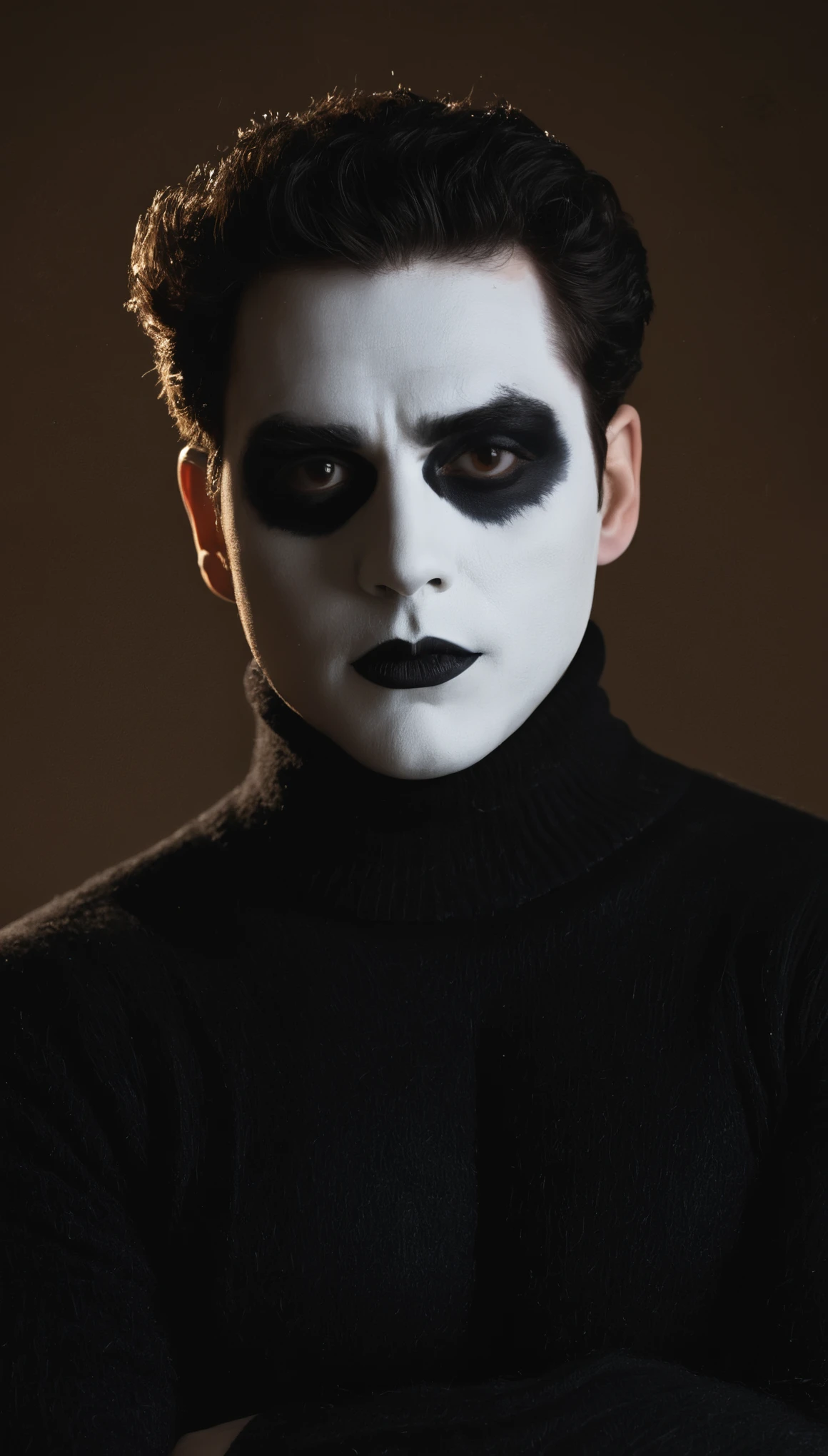 A movie poster, full color, a mime, male, 28 years-old, wearing black and white crow makeup and a dark turtleneck sweater, stocky, soft doughy physique, deep brown eyes, wide bulbous nose, full lips, black lipstick, black hair, curly quiff, thick bushy eyebrows, extremely hairy chest, stomach, and arms, lots of body hair, posing on a neon-lit rooftop, hard shadows, RAW photograph, cinematic shot, masterpiece
