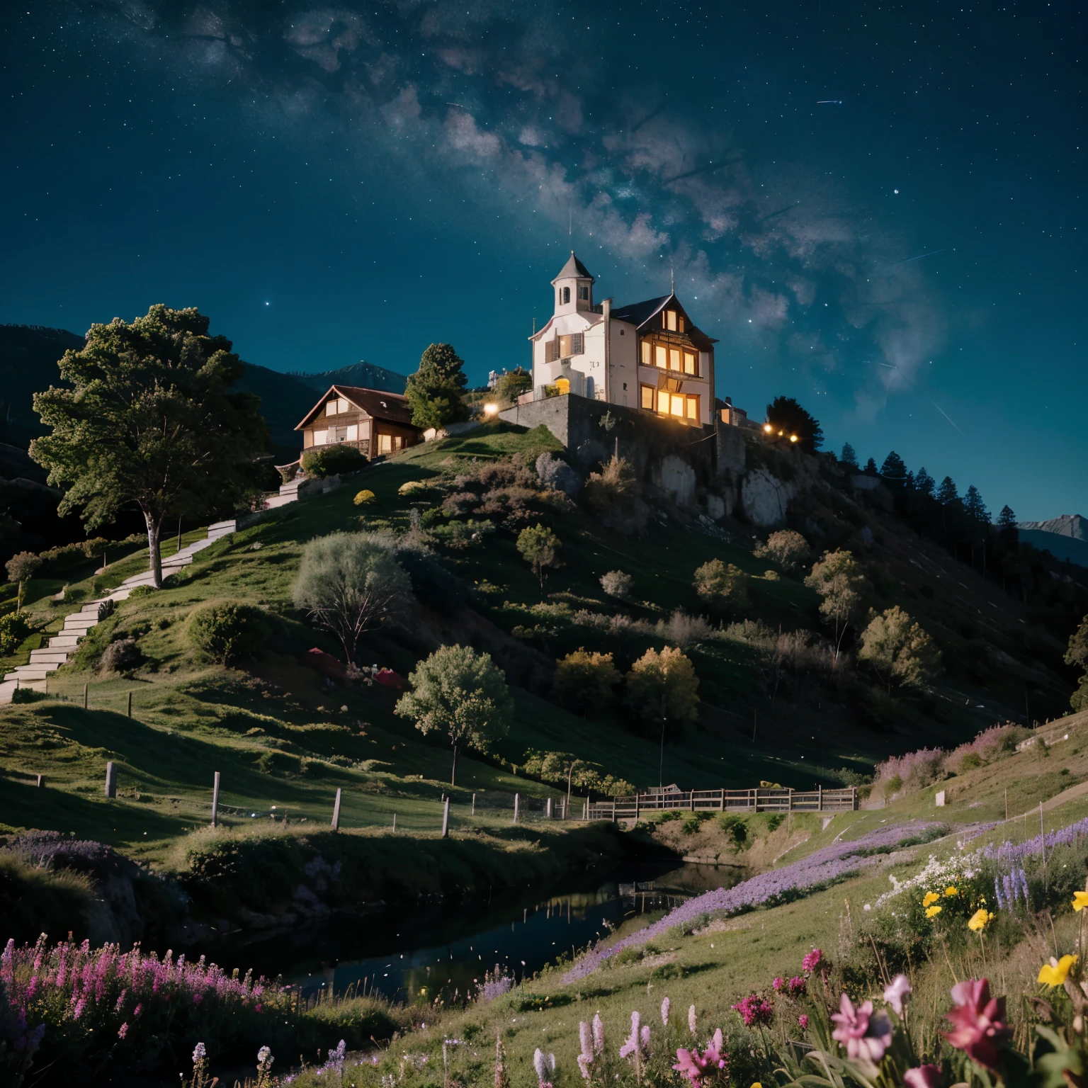 a fictional place with a night sky, azul, marino, estrellado y con galaxias visibles, con enfoque a un monte con pasto rosa, repleto de flores de otros colores vibrantes, plus a house in the middle