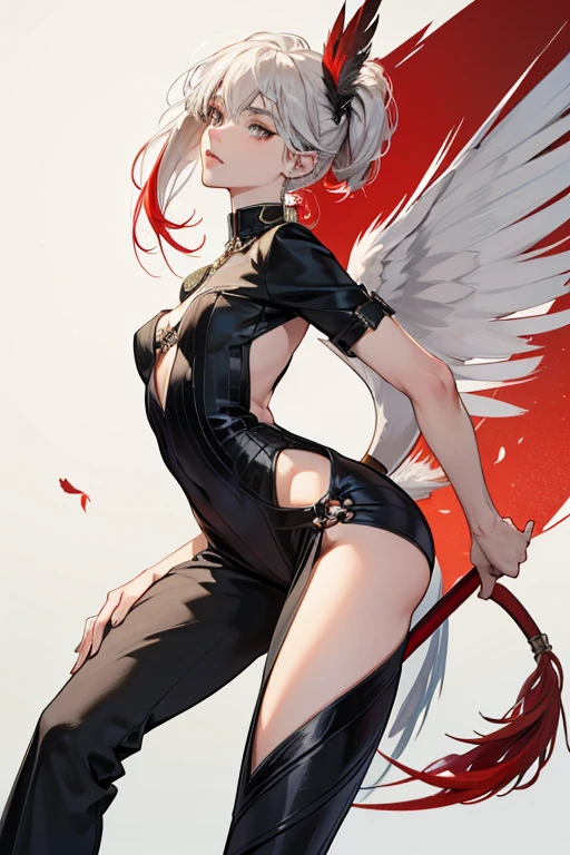 ((best quality)), ((masterpiece)), (detailed), 1girl, Character design, female, dynamic poses, long white grey hair, grey white eyes, very skinny, detailed, best quality, no accesoires around the neck, no shoes, prominent collarbones, skinny arms, flat stomach, visible hip bones, full body, blank white background, plain background, white background, red and white clothing, Bloodborne inspired, occult aesthetic, occult, detailed and intricate steampunk and detailed gothic, NSFW, Very dramatic and cinematic lighting, cosmic horror, grim-dark, side-lighting, perfect face, NSFW, Fluttering lace flared long knee length dress with frilly petticoats, knee length dress, pleated petticoats, petticoats gothic, complex lace boots, side-lighting, gothic aesthetic, wielding a mighty sword with mechanical components, mandalas, small breasts, a fairy, various different types of insect wings, NSFW, full body, whole body, body, plain background, white background, blank background, no background, white background NSFW, chains, full body, whole body, head-to-toe NSFW