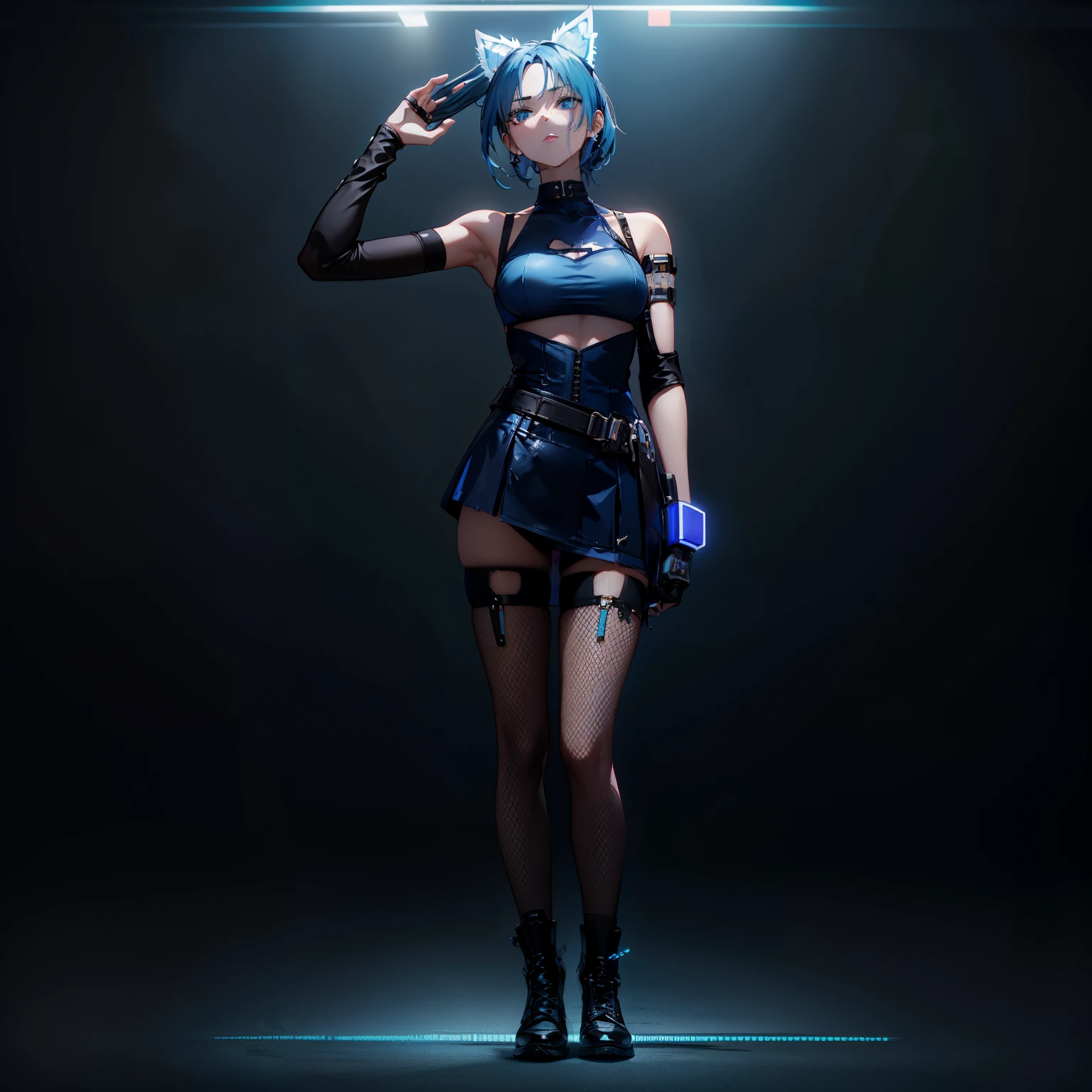 create a cyberpunk style, as sexy as possible, high quality, do not change clothing details, do not change shoe styles, do not change face details, do not change hair details, blue hair, do not change balance, do not change dimensions, high quality, high sharpness, very clear picture , do not change the colors of the clothes, do not change the color of the model, do not change the details of the accessories, do not change the details of the accessories, blue dress with black inserts, white tights, blue elbow-length gloves, brightly prominent nipples, transparent skirt, panties visible