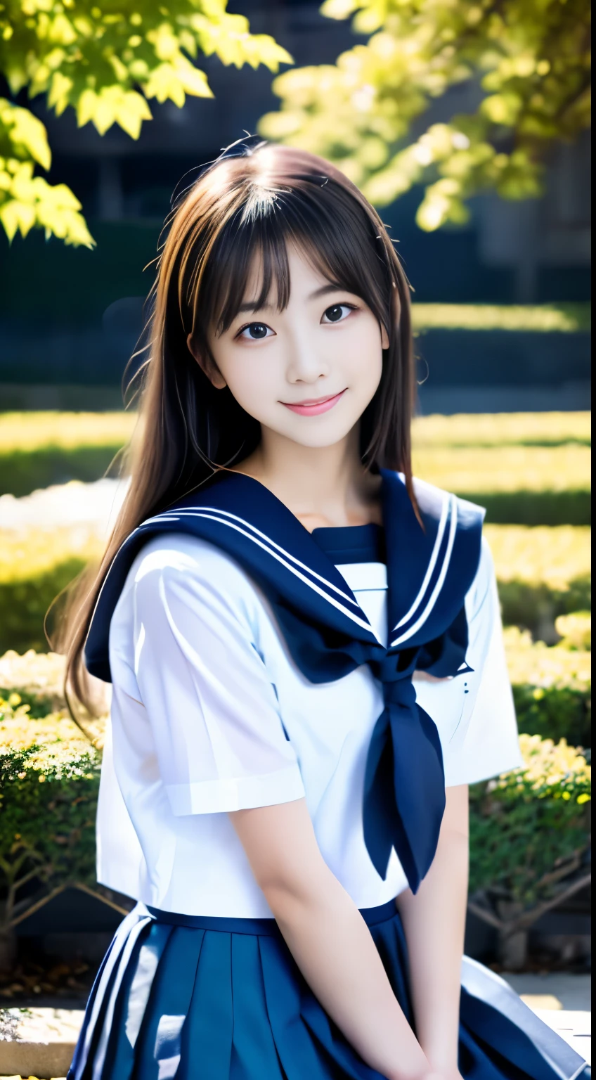 masterpiece, highest quality, 8K, 15 years old, japanese girl, Raw photo, confused, award winning portrait, smile, smile, alone, , (white shirt, sailor , Navy blue pleated skirt:1.2), idol face, viola lace, gardenia, delicate girl, long black hair, black eye, Upper body, Digital single-lens reflex camera, looking at the viewer, Frank, Sophisticated, like々new, thin arms, professional lighting, film grain, chromatic aberration, (Eye and face details: 1.0), 