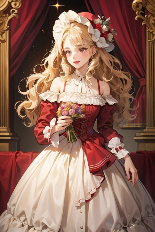 She has light blonde, curly hair and wears lipstick. Her dress is a faded maroon color and she wears a hat with a bouquet on it. She has clothes popular in the 1700s. SPARKLE; GLITTER