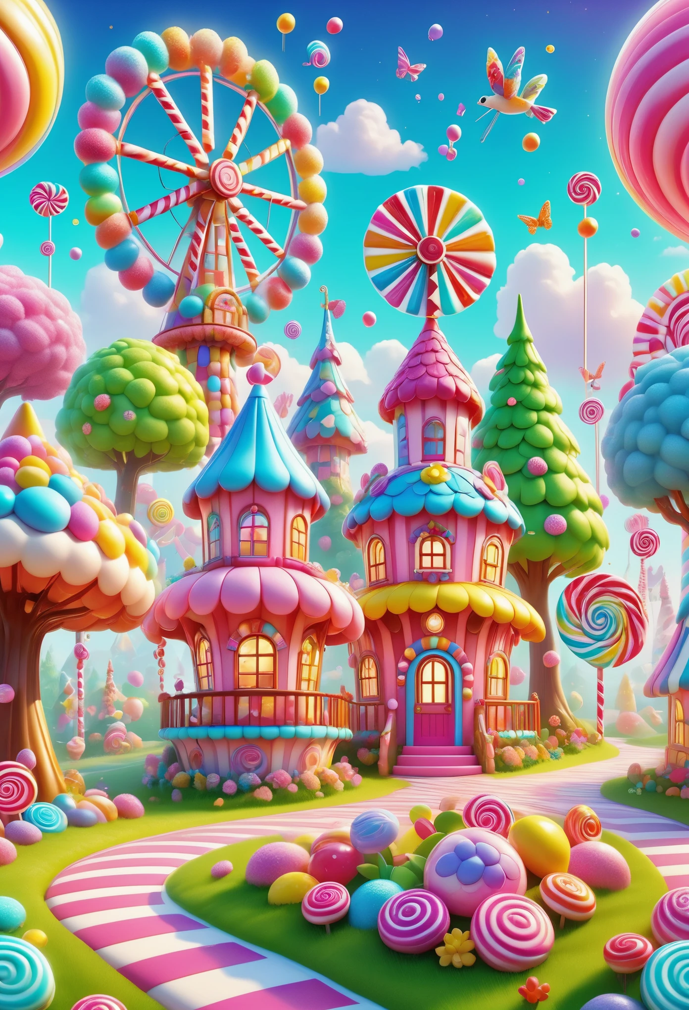 enchanted forest。candyland。Cake Castle。Candy Ferris Wheel。Candy Tree Candy Windmill，rich and colorful。colorful， cartoon style, led，Light，Little house made of candy, bright colors, High resolution, high quality, high detail, The art of math, fantasy, magic.