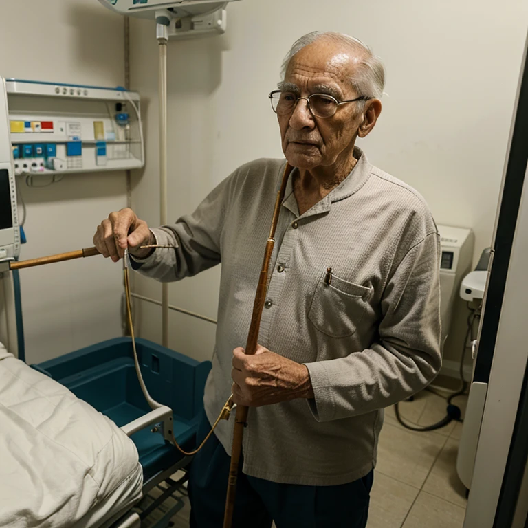 Elderly man with cane in a sick hospital