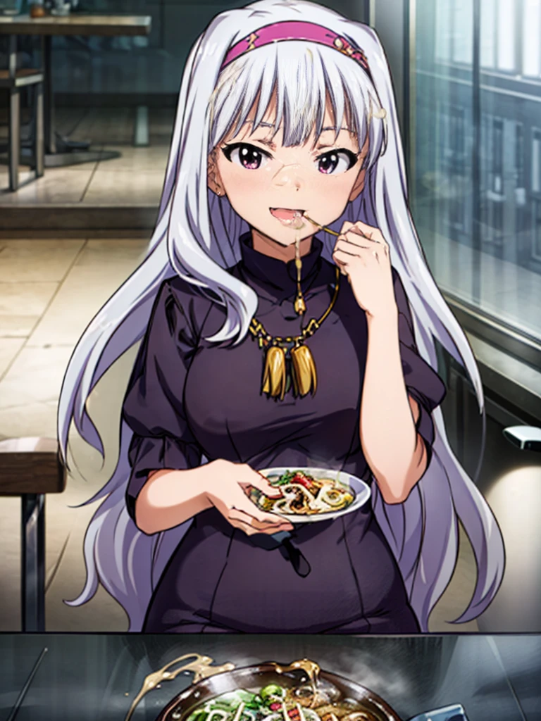 nsfw,high quality, best quality, masterpiece, ultra-detailed, extremely fine, ((A girl she eating ramen noodles and her whitened tongue sticks out)) holding chopsticks, ((white color ramen)) blushed cheeks, (((smiling))) (one eye closed, long waviy silver hair, purple eyes,headband, completely nude),in a Chinese restaurant,girl, solo, breasts, smile, open_mouth, bangs, large_breasts, silver_hair, holding, purple_eyes, nipples, upper_body, nude, (food, Rahmen,cup, table, plate, bowl, chopsticks, pov_across_table, Chinese restaurant), BREAK 2D, 8k, highres, masterpiece, super fine illustration, photo background, insanely detailed, perfect fingers, nice hands, perfect hands,((cum on body:1.9, cum on hair:1.9. cum on face:1.9, cum on mouths:1.3,cum on table 1.9)),multiple boys, peeing on a girl, facial, cum on mouth, cum on body, multiple penises, gangbang,holding penis))),ecstasy torogao, saliva trail, nose blush,smile,eat cum,open mouths,