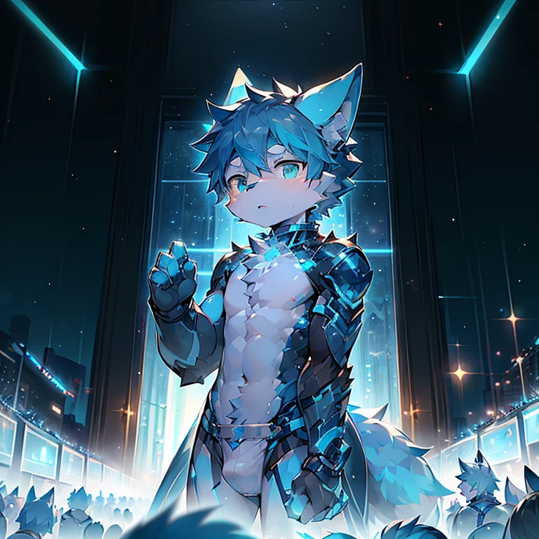 youth，Shota，blue hair ，male， Masterpiece， high resolution，8K，Detailed background，high quality， boys，looking at the audience，perspective，View from the front，male焦点，Wolf&#39;s facial features.. Turquoise Mecha.Light surrounds，in the style of futuristic，starry sky