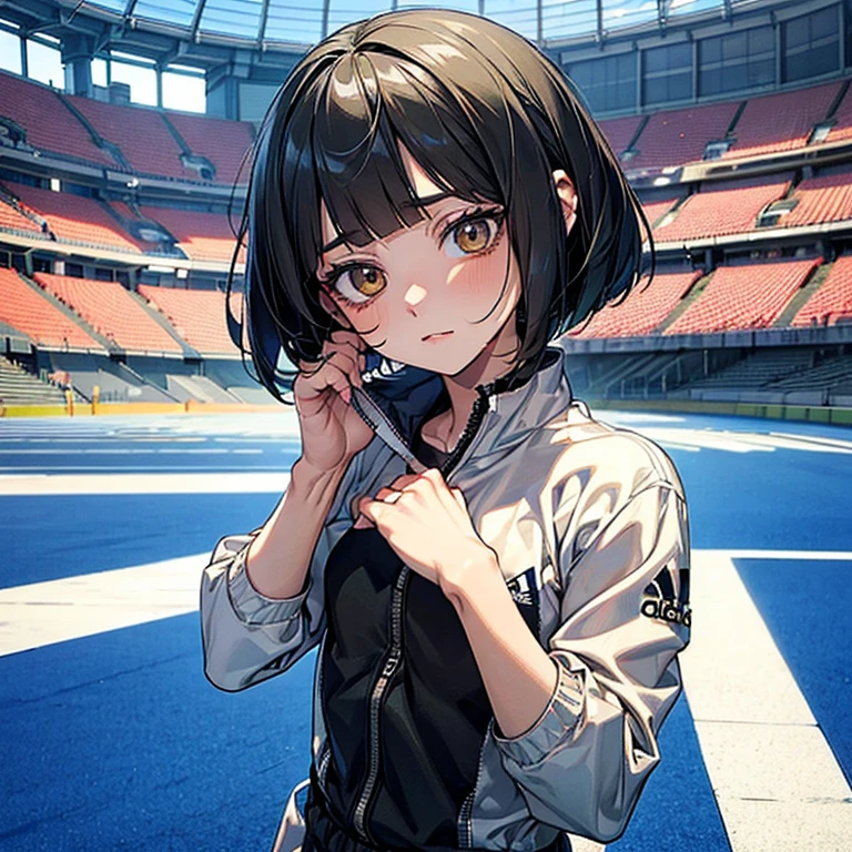 masterpiece、delicate details、tracksuit、Adidas Clothing(zip up)、smaller breasts、thin waist、athlete、leggings、Slender beauty、Your face is so cute、Bangs Patsun、Cropped bob cut、long eyelashes、Big eyes、athletics stadium