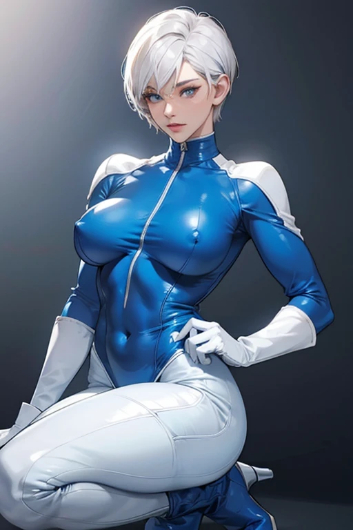Short-haired muscular MILF in blue catsuit with white gloves and white boots stroking penis