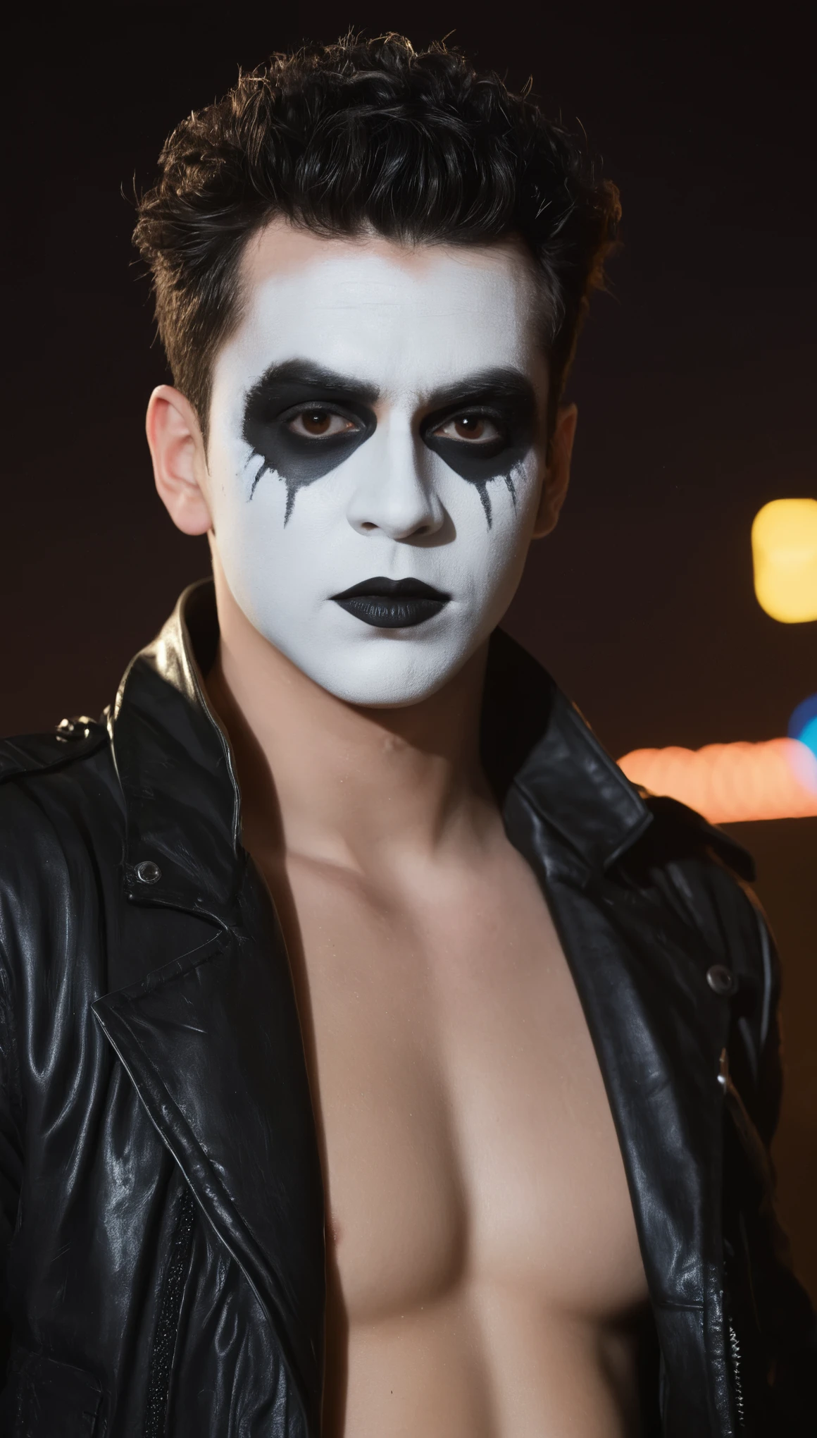 A movie poster, full color, a mime, male, 28 years-old, wearing black and white crow makeup and a dark leather jacket, stocky, soft doughy physique, deep brown eyes, wide bulbous nose, full lips, black lipstick, black hair, curly quiff, thick bushy eyebrows, extremely hairy chest, stomach, and arms, lots of body hair, posing on a neon-lit rooftop, hard shadows, RAW photograph, cinematic shot, masterpiece