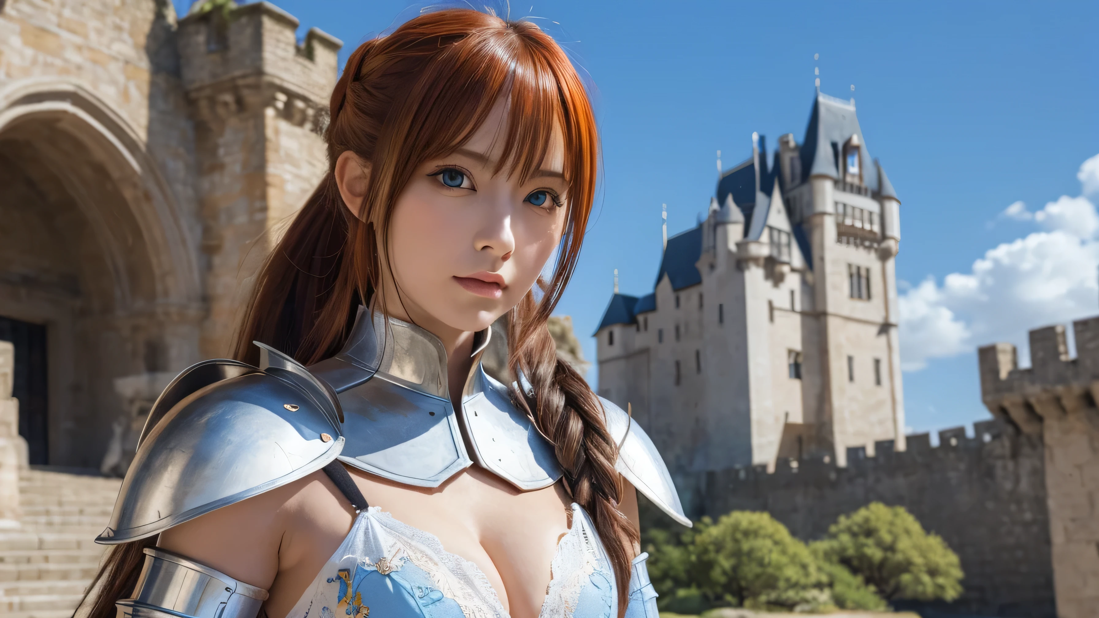 ((alone),masterpiece,highest quality,High resolution,realistic, photo realistic,Konosuba Dakuness), KonoSuba,cosplay,cleavage, knight,Japanese,Beautiful woman,24-years-old,big eyes,light blue eyes,looking at the camera,blonde,ponytail hair,red hair pin,red neck ribbon,medieval armor,White armor with orange decoration,Black undershirt,White feather on right shoulder,dynamic pose,blue sky,european castle