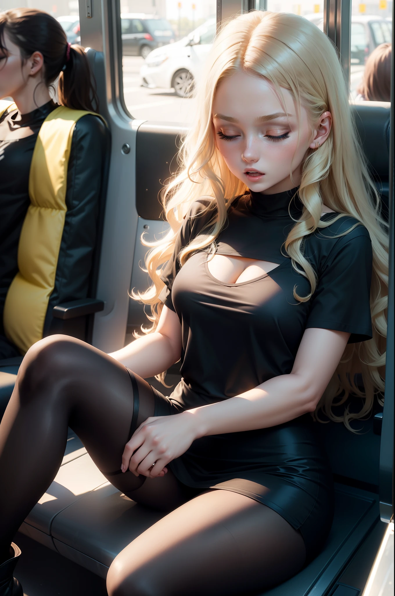 1 beautiful woman, 21 years old, blonde, long wavy hair, athletic, outlined eyelids, made-up eyelids, short-sleeved T-shirt, transparent T-shirt, cleavage, short black dress, tights, black boots, sitting asleep in the bus, mouth open, eyes closed, other passengers look at her in surprise