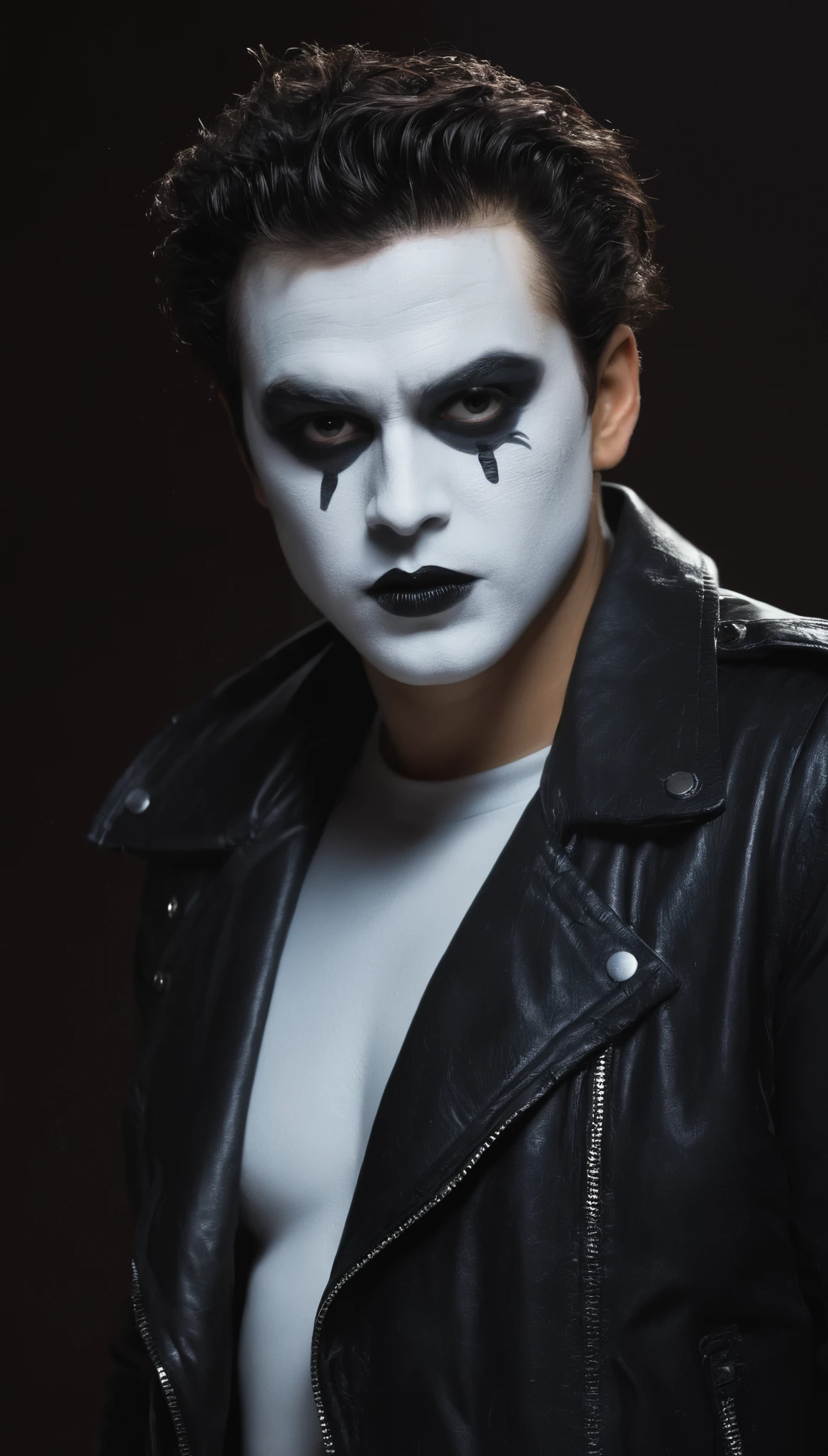 A movie poster, full color, a mime, male, 28 years-old, wearing black and white crow makeup and a dark leather jacket, stocky, soft doughy physique, deep brown eyes, wide bulbous nose, full lips, black lipstick, black hair, curly quiff, thick bushy eyebrows, extremely hairy chest, stomach, and arms, lots of body hair, posing on a neon-lit rooftop, hard shadows, RAW photograph, cinematic shot, masterpiece