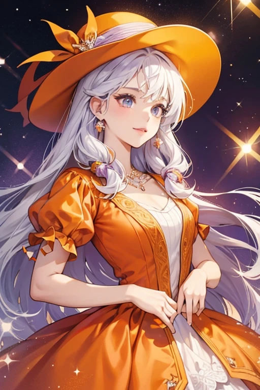 She wears an orange dress and a purple hat. She is also seen with white hair. SPARKLE; GLITTER