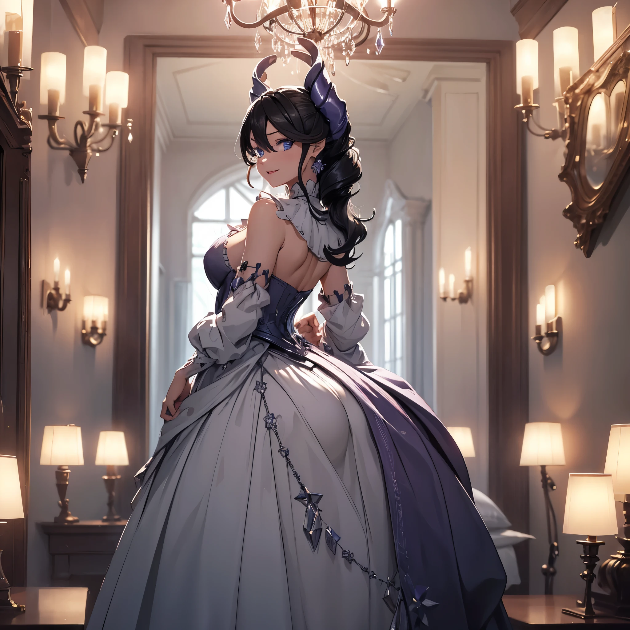 ((masterpiece)),(best quality), ((extremely detailed CG unity 4k wallpaper)),(cinematic lighting), (an extremely delicate and beautiful girl:1.3),face, fixed eye, (++black hair++), blue eyes, long hair, jewelry,earrings, :d, maid, labrynth,
Purple dress, Large breast ,(Crystal chandelier), horn ,indoor ,hand over head,  standing , all body , boots , view from behind 