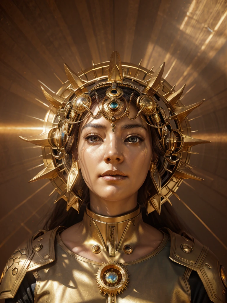 highly detailed portrait of a robot sun god halo of light, gold, unreal engine, art by mark ryden, lostfish, earl norem, global illumination, god rays, detailed and intricate environment, elden ring style