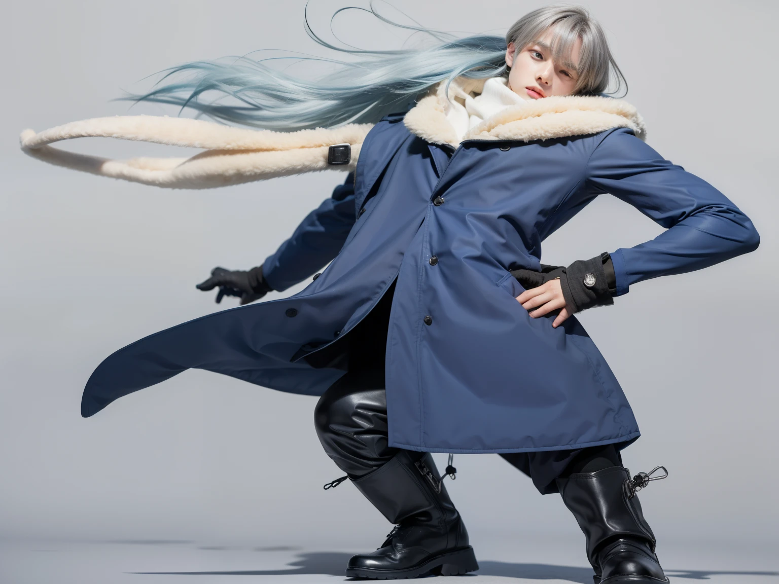 a boy in a blue coat and black boots standing in front of a gray background