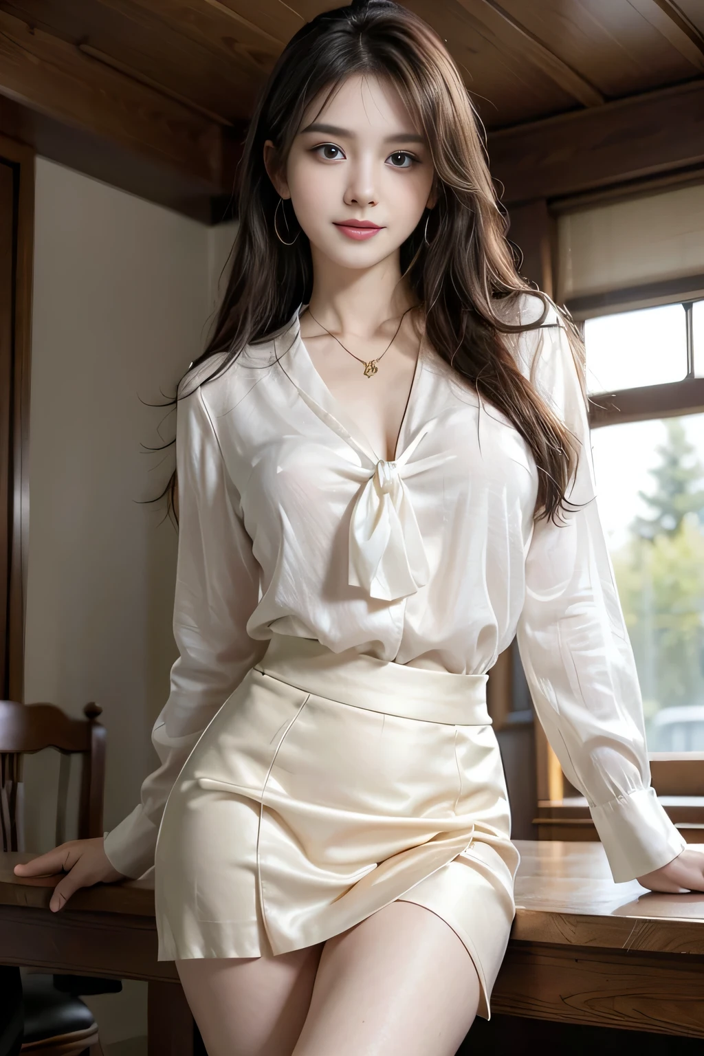 table top, highest quality, realistic, Super detailed, finely, High resolution, 8k wallpaper, 1 beautiful woman,, sharp focus, perfect dynamic composition, beautiful and detailed eyes, thin hair, Detailed realistic skin texture, smile, close-up portrait, model body shape、president'secretary、mini skirt、high heels、whole body、suit,((brown semi-long hair:1.2))((Gentle inward-curving waves:1.2)),((gold necklace_big earrings:1.2)),((shy smile:1.3)),((blouse and skirt, Wearing a white silk blouse,Please wear a white shirt and a dark purple skirt.:1.3)), 、whole bodyショット、((Standing whole body figure supermodel, whole bodyがフレーム内に収まる))、in a luxurious room、