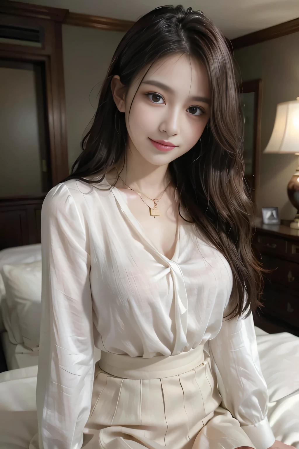 table top, highest quality, realistic, Super detailed, finely, High resolution, 8k wallpaper, 1 beautiful woman,, sharp focus, perfect dynamic composition, beautiful and detailed eyes, thin hair, Detailed realistic skin texture, smile, close-up portrait, model body shape、president&#39;secretary、mini skirt、high heels、whole body、suit,((brown semi-long hair:1.2))((Gentle inward-curving waves:1.2)),((gold necklace＿big earrings:1.2)),((shy smile:1.3)),((blouse and skirt, Wearing a white silk blouse,Please wear a white shirt and a dark purple skirt.:1.3)), 、whole bodyショット、((Standing whole body figure supermodel, whole bodyがフレーム内に収まる))、in a luxurious room、