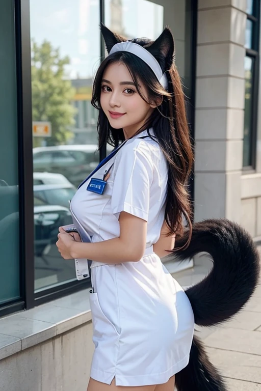 ((highest quality, 32k)), ((masterpiece)), (Familiar), Perfect Face, Fox ear girl, Beautiful woman, public, Has a tail, She has a fox tail, She wags her fluffy tail, smile, She is walked with a dog collar and lead, Beautiful hip line, Big Breasts, Big thighs, Get on all fours, She is wearing a nurse uniform, Big tail