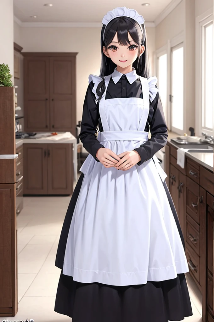 anime girl, long hair, black hair, brown eyes, maid dress, long Sleeve, long skirts, smile, room background