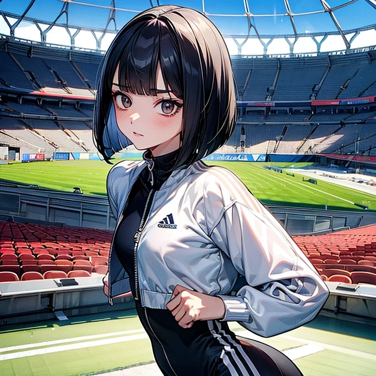 masterpiece、delicate details、tracksuit、Adidas Clothing（zip up）、smaller breasts、thin waist、athlete、leggings、Slender beauty、Your face is so cute、Bangs Patsun、Cropped bob cut、long eyelashes、Big eyes、athletics stadium