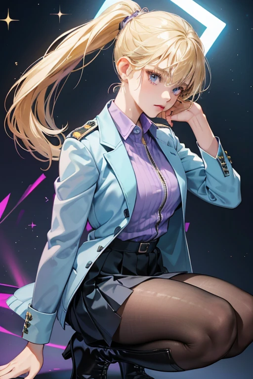 Natalia is introduced wearing a light blue cardigan over a white shirt and a purple pleated shirt. Her blonde hair is tied back into a pony tail. After she reveals that she is a spy, Natalia wars her hair up and over her face and changed into a brownish-green suit with a zipper and black high-heeled boots. SPARKLE; GLITTER