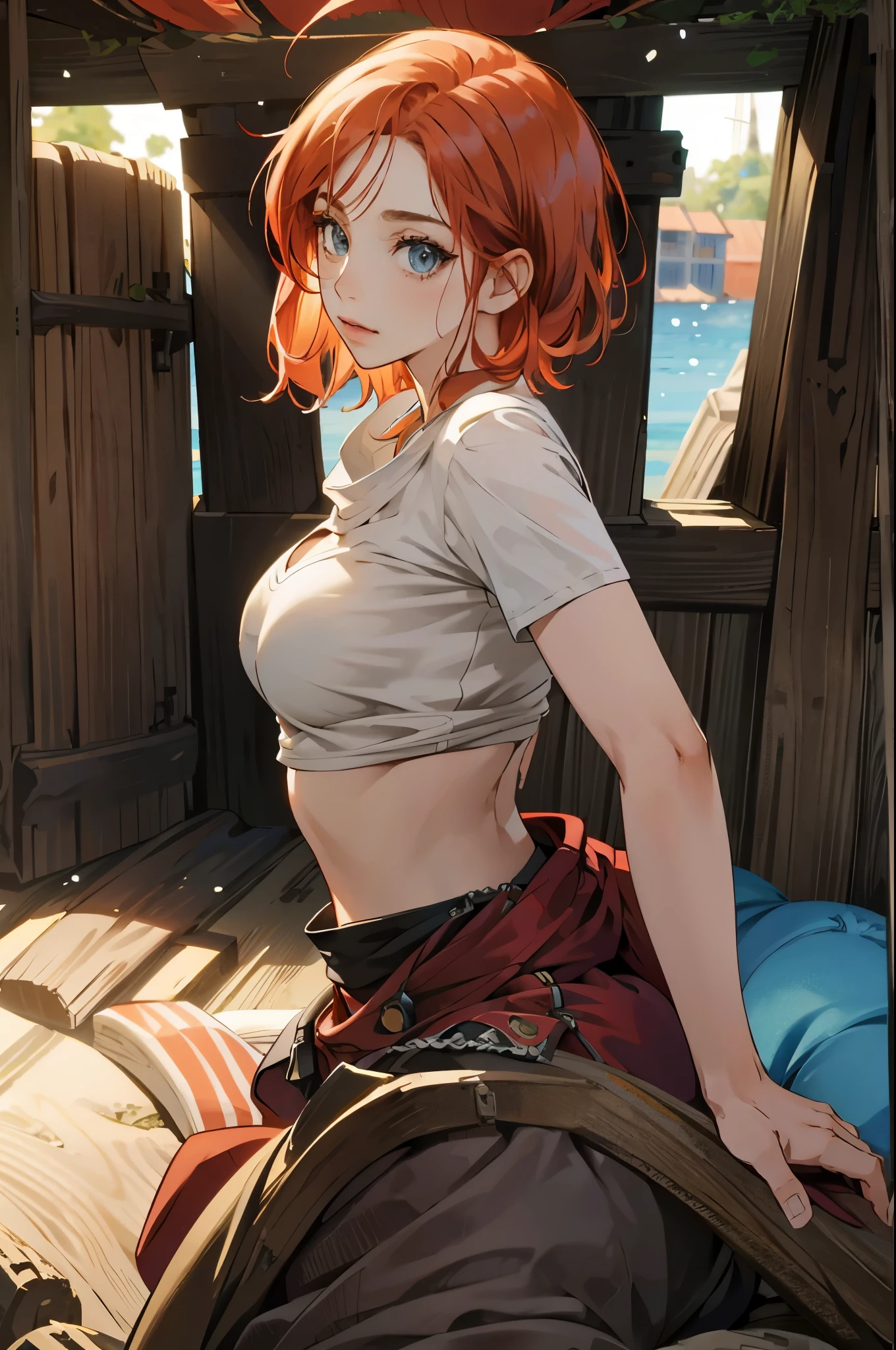 portrait of emilyrudd, nami, a woman, redhead,  short red hair, in a pirate ship, huge breasts, breasts larger than head, thick thighs, abs, large brasts, massive breasts, hyper breasts, bubble ass, bubble butt, (best quality:1.1), (masterpiece:1.4), (absurdres:1), (masterpiece), best quality, expressive eyes, perfect face, curvilienar waist, EnvyBetterHands LoCon, autonomically accurate,  