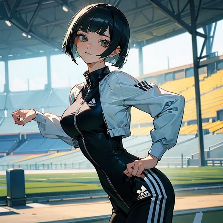 masterpiece、delicate details、tracksuit、Adidas Clothing（zip up）、big breasts、thin waist、athlete、Slender beauty、Your face is so cute、Bangs Patsun、Cropped bob cut、Short leggings、long eyelashes、Big eyes、athletics stadium、beautiful legs