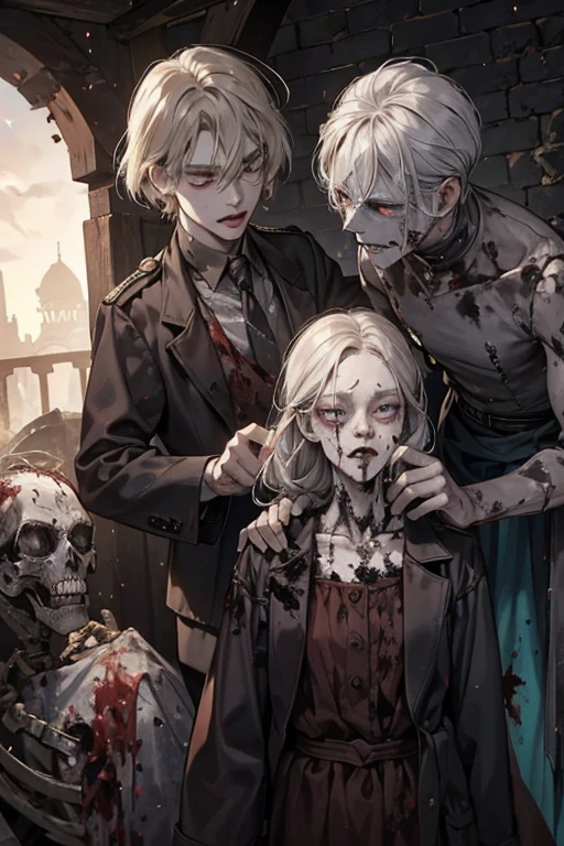 The zombies are shown to have typical undead traits. They are emaciated and have rotted skin, some with their bones exposed. Many of the zombies do not have eyes, though some are seen to still have them, albeit rotted as well. Most of the zombies appear to wear tattered clothing from the era that they were originally buried in. SPARKLE; GLITTER
