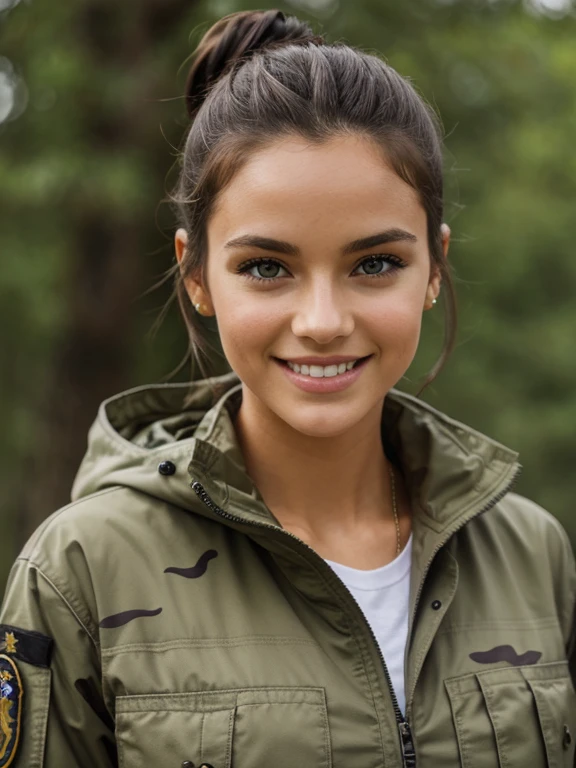 French coat-of-arms, messy bun, green eyes, camo military fatigues, outdoor, barracks, smiling, open jacket