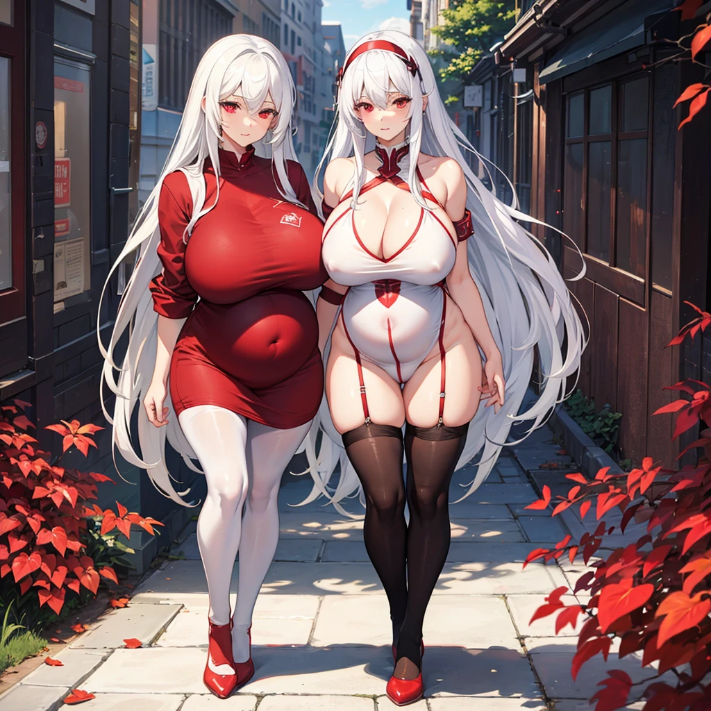 White hair, red eyes, 8K, best quality,black pantyhose,close eyes,Pregnant, huge breasts,campus