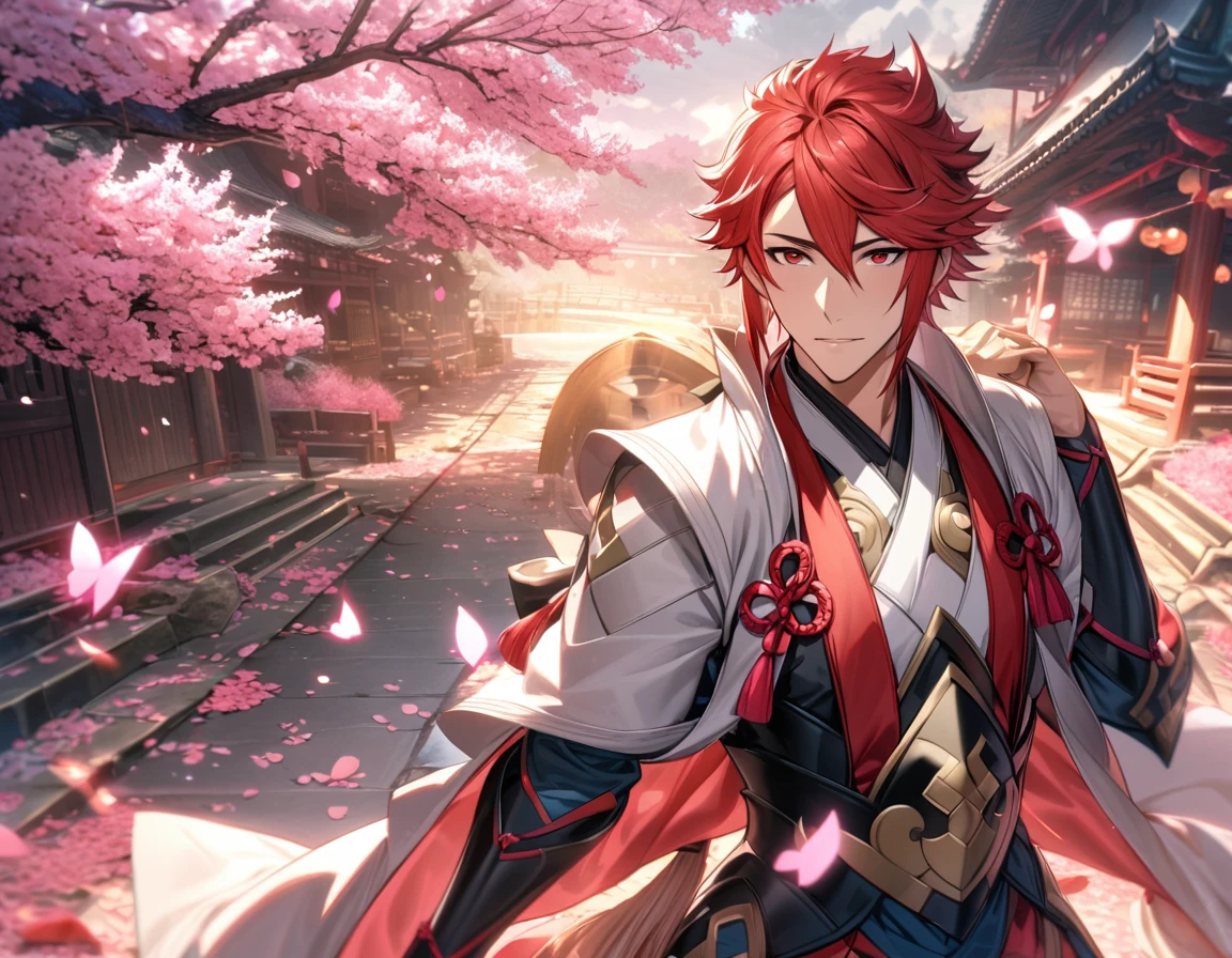 Ultra detailed, highres, absurdres, HDR, Subaki, red eyes, red hair, Fire Emblem Fates, 1 adult man only, extremely handsome, pink petals, pink flowers, pink butterflies,
