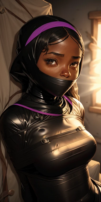 1 black girl 16 years old, mummified whole body, hands tied behind her back, huge breasts, vibrant and bright colors, The tape is wrapped tightly around her head like a good, covering her lips and leaving her unable to speak, she is in a small cozy tent.