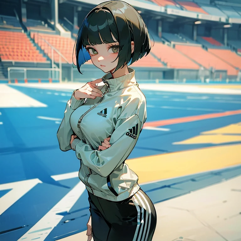 masterpiece、delicate details、tracksuit、Adidas Clothing（zip up）、big breasts、thin waist、athlete、Slender beauty、Your face is so cute、Bangs Patsun、Cropped bob cut、Short leggings、long eyelashes、Big eyes、athletics stadium、beautiful legs