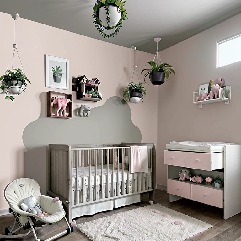 Create a baby room , com tema elefante, decirado com quadros, Fixtures, plantas, que seja na cor predominantemente rosa.