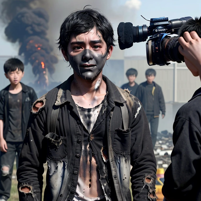 Filming a comedy movie set in a school、A boy actor wearing charred, tattered clothes covered in soot from an explosion