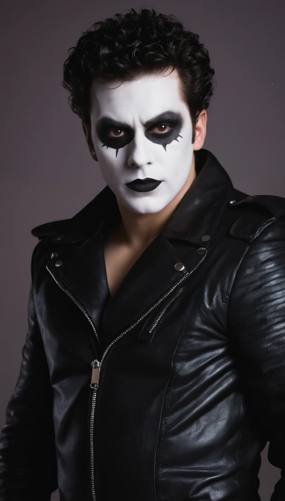 A movie poster, full color, a mime, male, 28 years-old, wearing black and white crow makeup and a dark leather jacke5, stocky, soft doughy physique, deep brown eyes, wide bulbous nose, full lips, black lipstick, black hair, curly quiff, thick bushy eyebrows, extremely hairy chest, stomach, and arms, lots of body hair, posing on a neon-lit rooftop, hard shadows, RAW photograph, cinematic shot, masterpiece