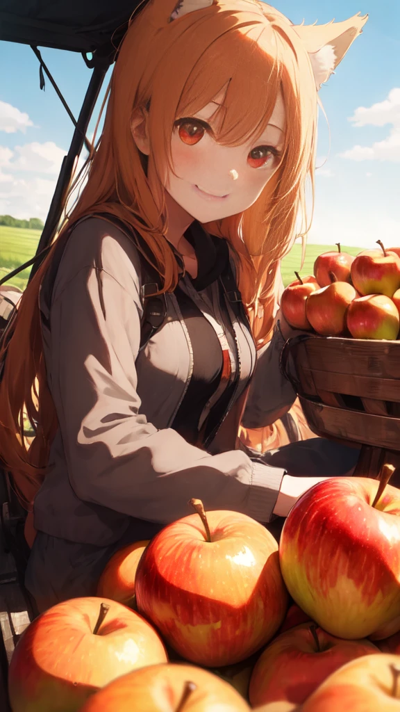 (best quality:1.2), (ultra detailed:1.2), ultra high resolusion, highres,8k, Country roads, wheat fields, hoodless horse-drawn carriage, "Spice and Wolf", Holo lying on a heap of apples piled up on a loading platform, smile, offering an apple, orange hair, long hair, red eyes, wolf ears, bushy wolf tail, afternoon,