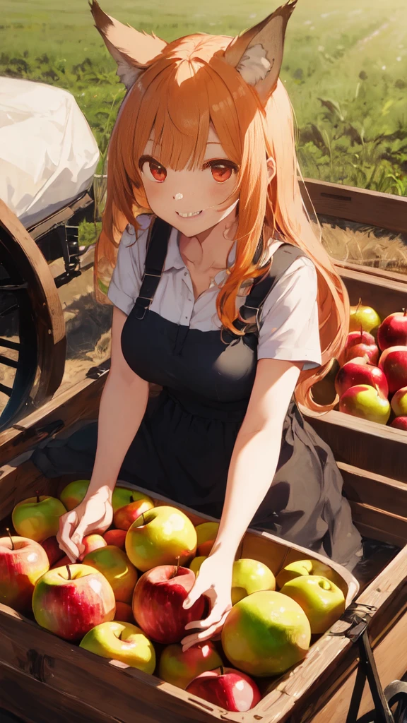 (best quality:1.2), (ultra detailed:1.2), ultra high resolusion, highres,8k, Country roads, wheat fields, hoodless horse-drawn carriage, "Spice and Wolf", Holo lying on a heap of apples piled up on a loading platform, smile, offering an apple, orange hair, long hair, red eyes, wolf ears, bushy wolf tail, afternoon,