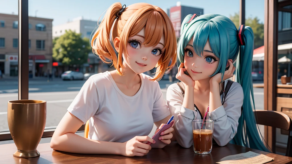 (original photo, best quality), 1 girl, Hatsune Miku , natural lighting, Upper body, cafes, Smile,
Satosh Khan Art Style